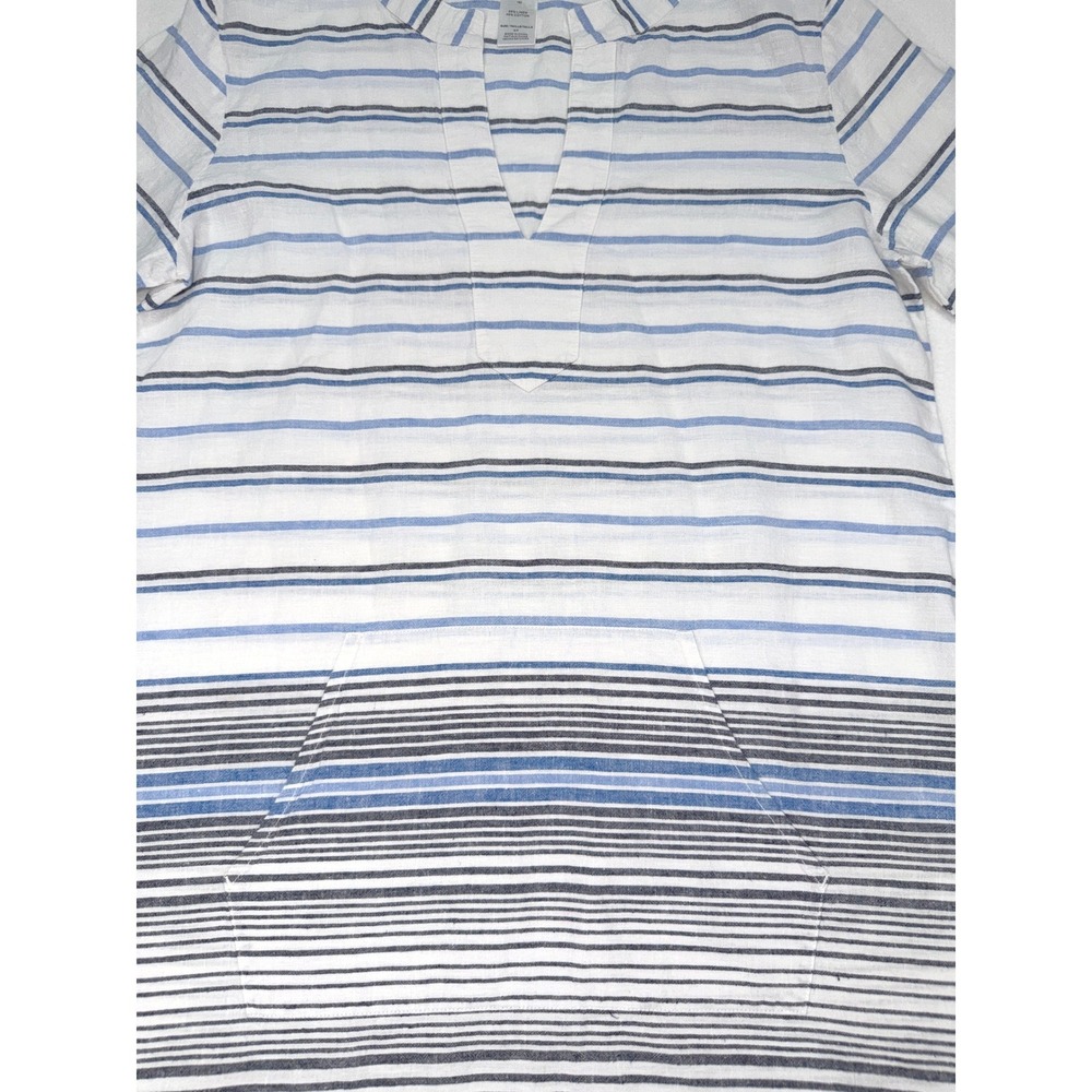 Tommy Bahama Linen Cotton Striped Tunic Dress Fringe Hem Pocket Small Blue White - Picture 5 of 8